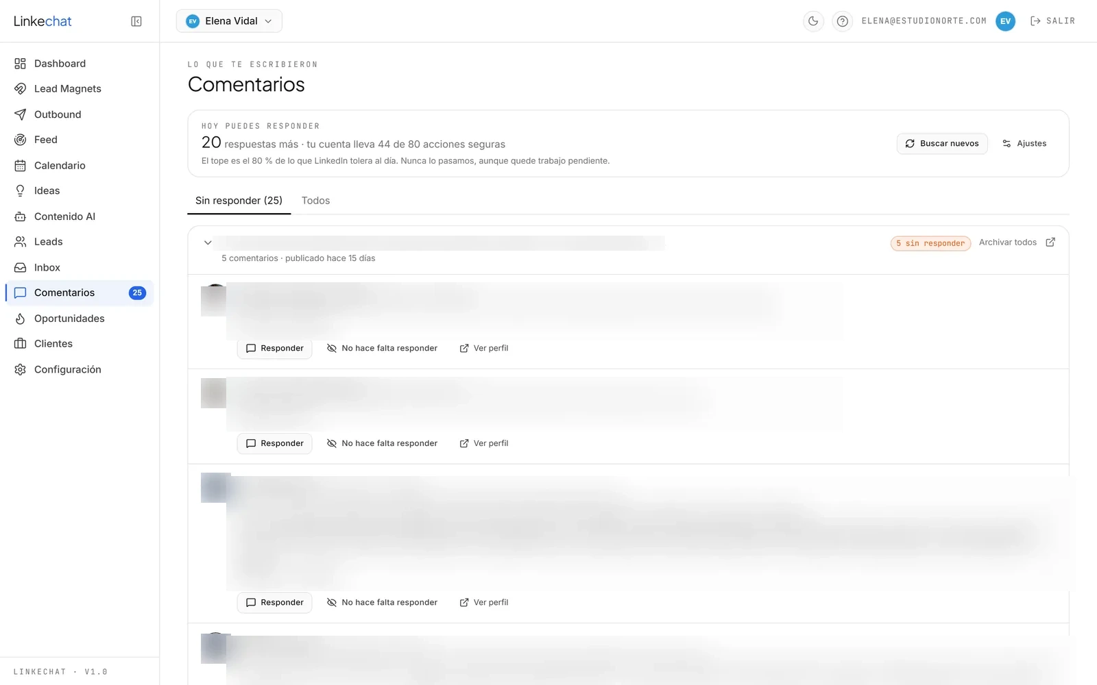 Pantalla de Comentarios en LinkeChat