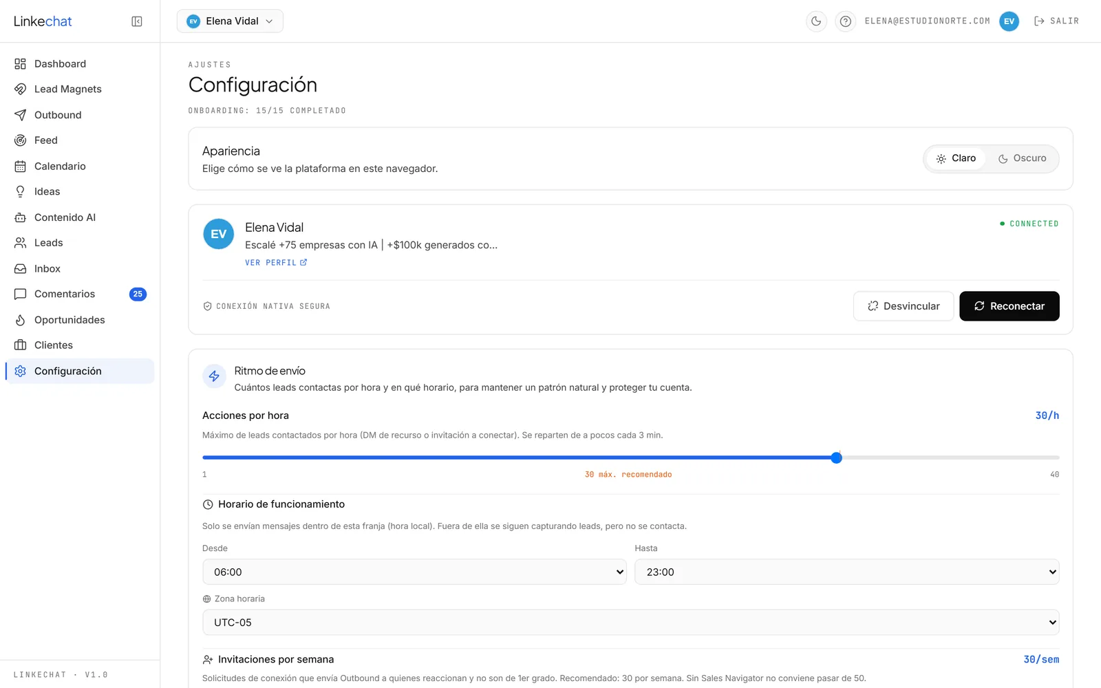 Pantalla de Configuración en LinkeChat