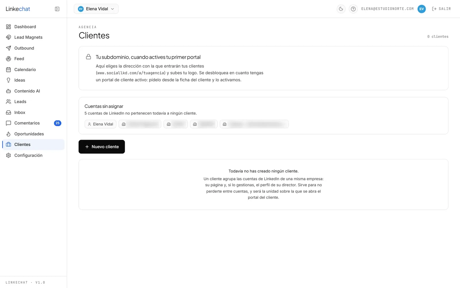 Panel de clientes gestionados en LinkeChat